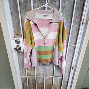 Loveriche Women's Pastel Multicolor Striped Patchwork V-neck Sweater Size L